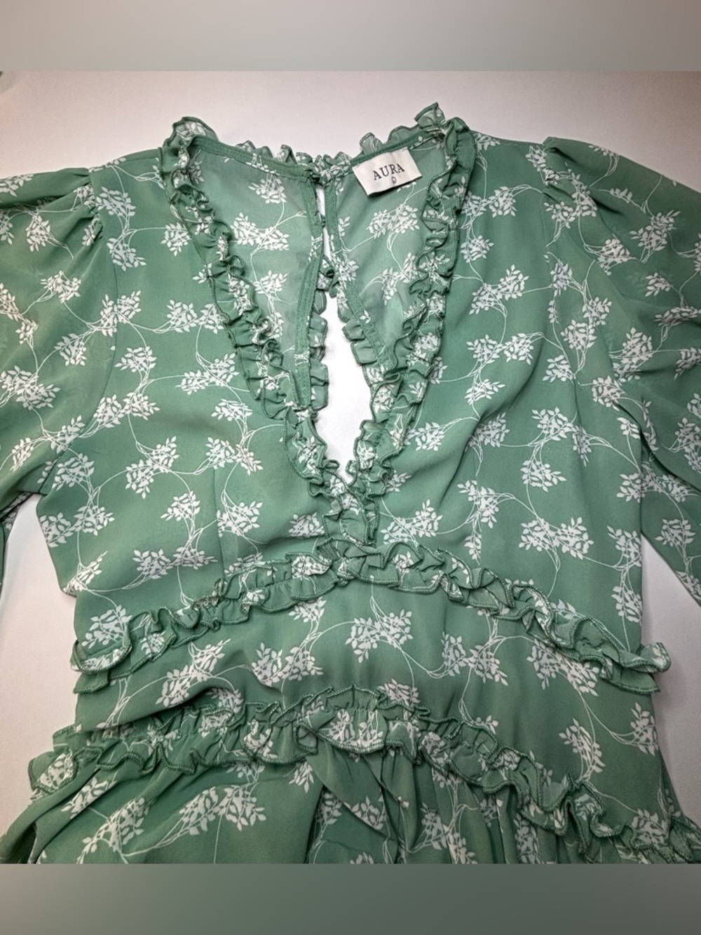 Aura Floral Ruffle Mini Dress Sage Green Boho Open Back Long Sleeve Large - Picture 9 of 15